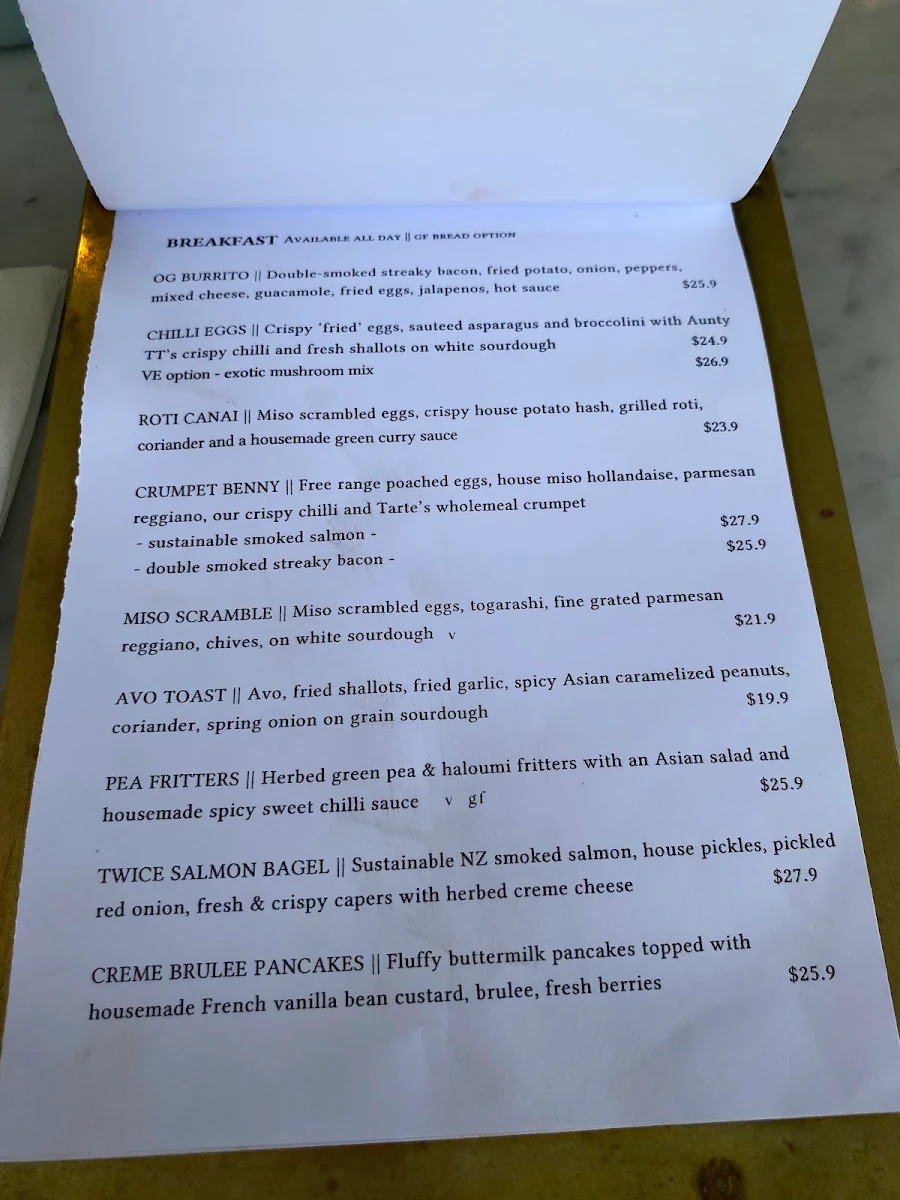 Menu, Tarte Bakery & Cafe