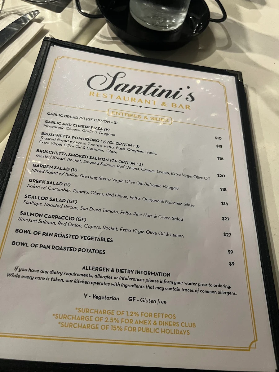 Menu, Santinis Restaurant & Bar