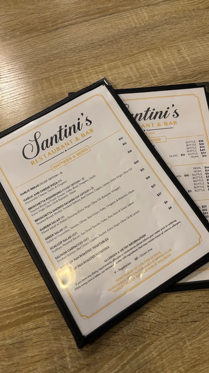 Menu, Santinis Restaurant & Bar