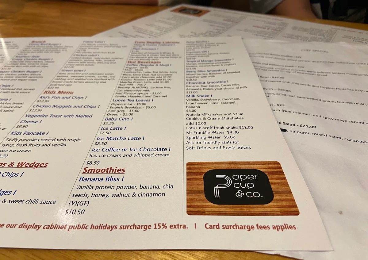 Menu, Paper Cup & Co Cafe Coffee Breakfast Brunch