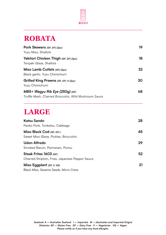 Menu, 1603 Bar
