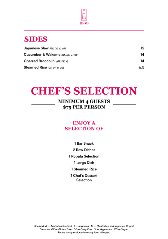 Menu, 1603 Bar
