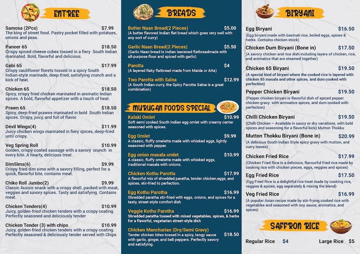 Menu, Murugan Foods
