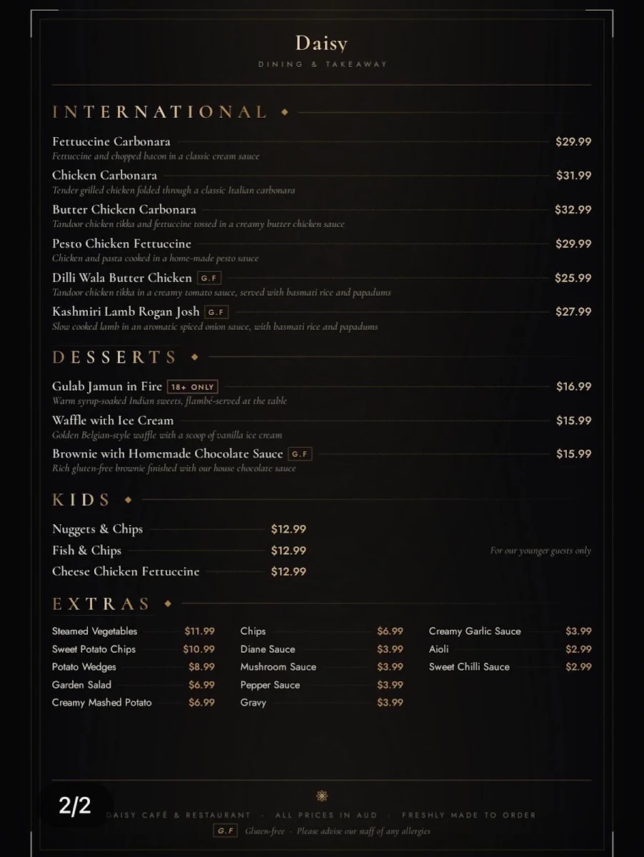 Menu, Daisy Cafe and Restaurant