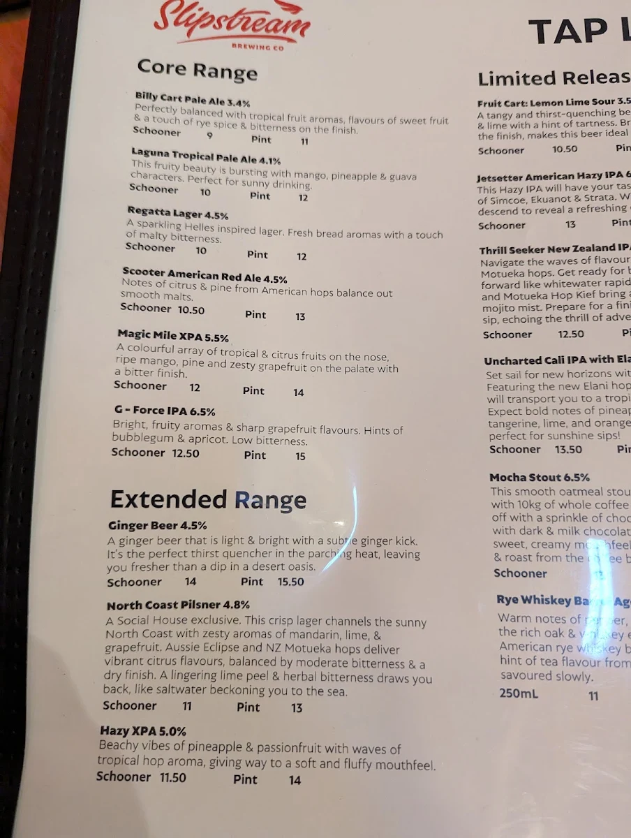 Menu, Slipstream Brewing Social House