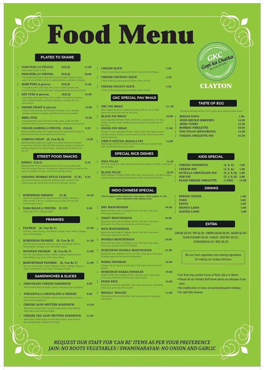 Menu, Gopi Ka Chatka Clayton