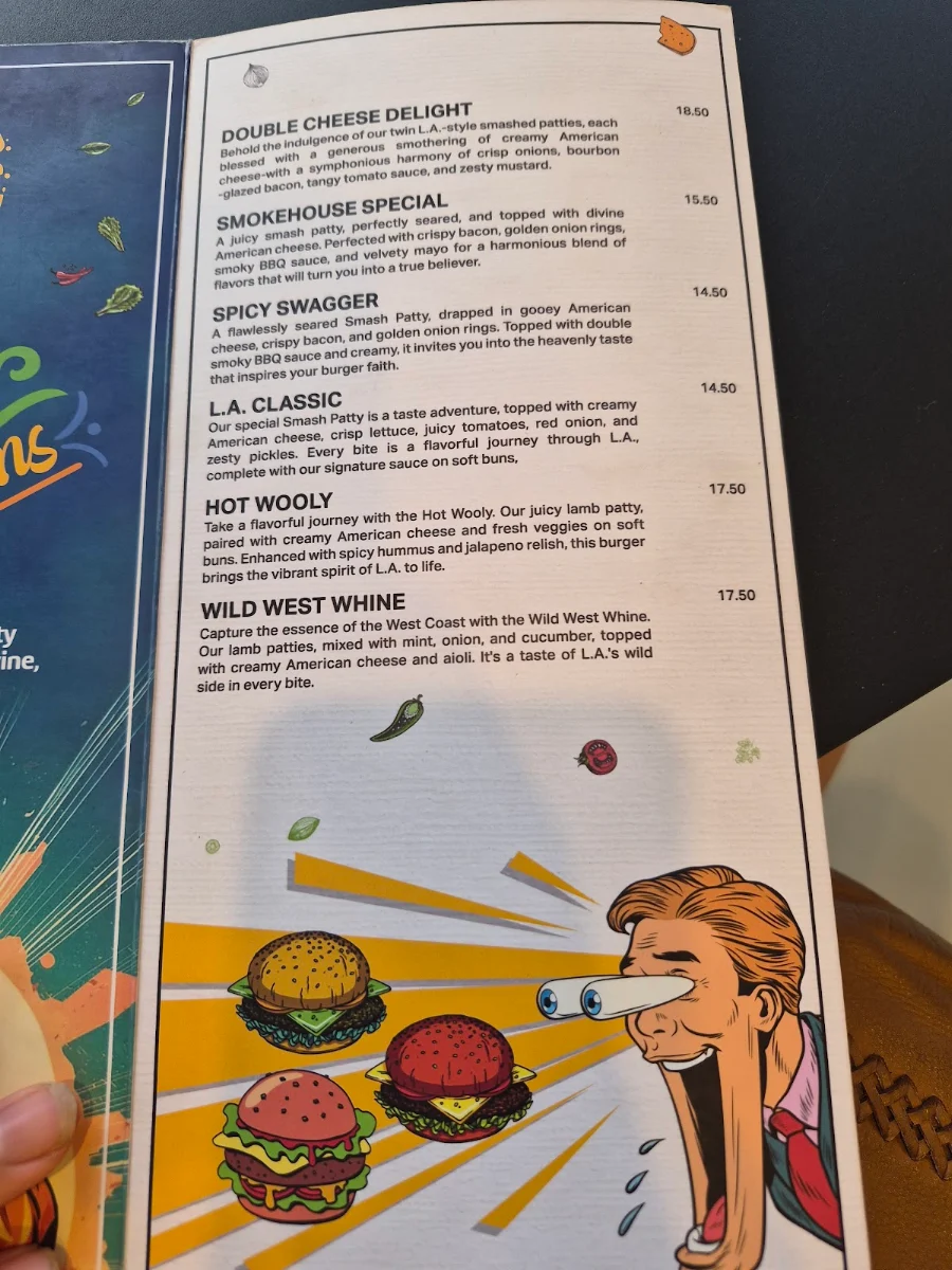 Menu, LA Burgers and Shakes