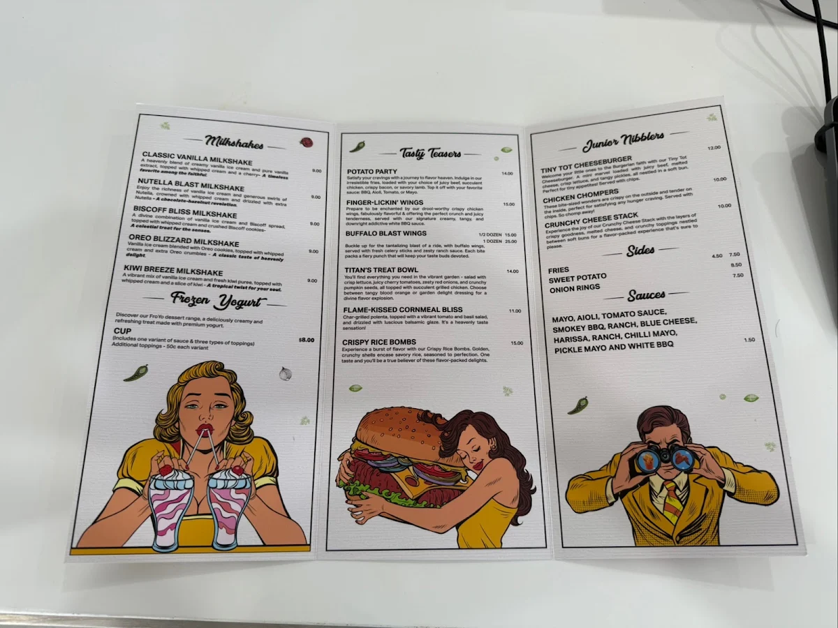 Menu, LA Burgers and Shakes