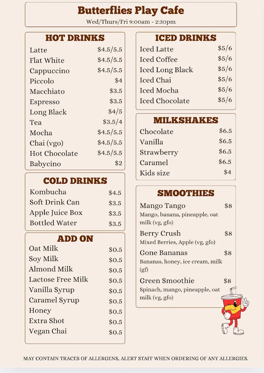 Menu, Butterflies Play Cafe