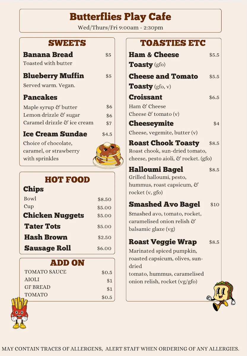 Menu, Butterflies Play Cafe