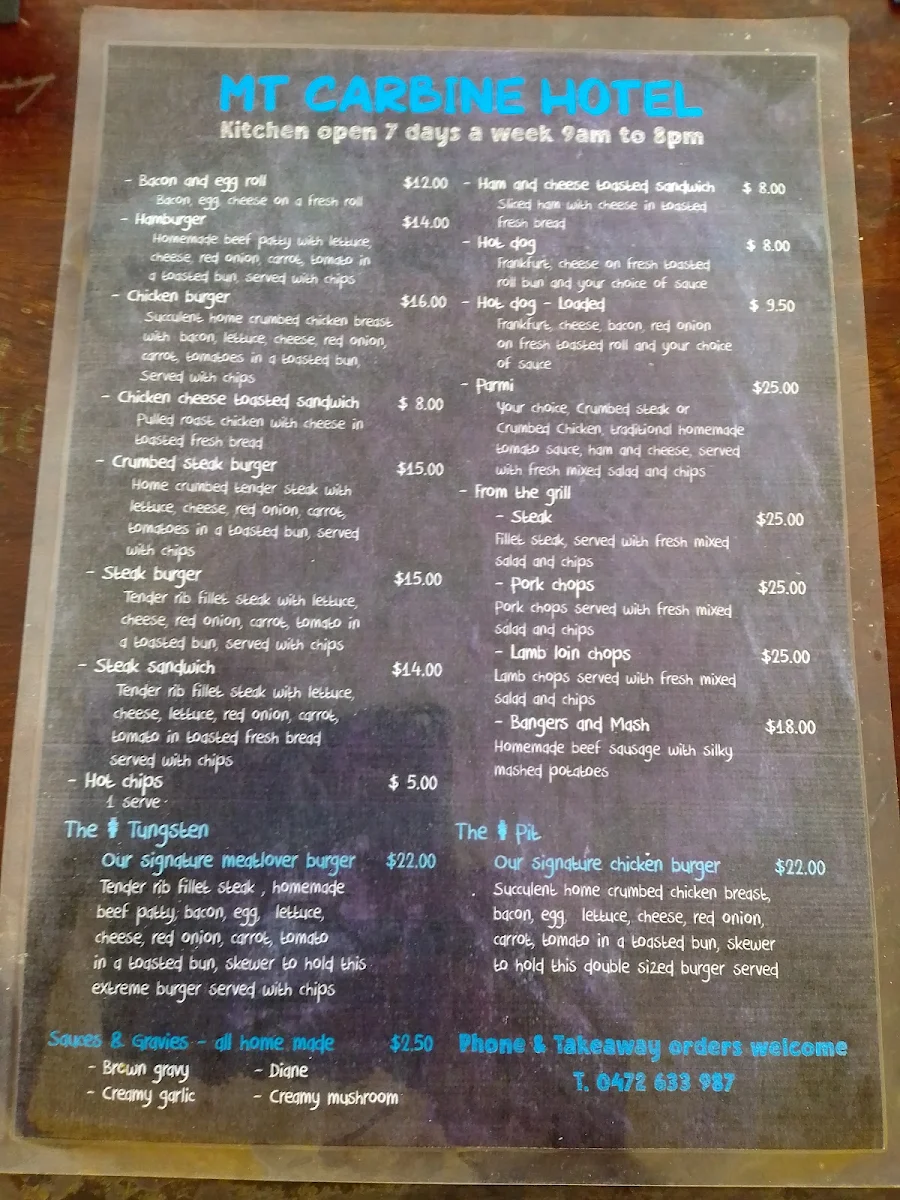 Menu, Mount Carbine Hotel Motel