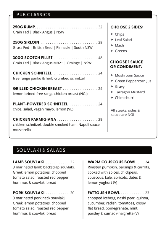 Menu, Lakes Hotel