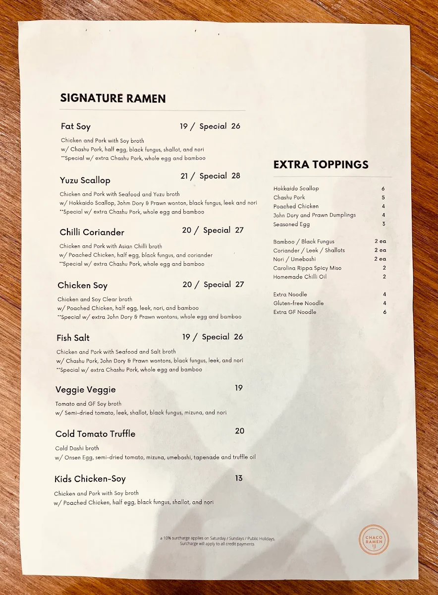 Menu, Chaco Ramen Bondi