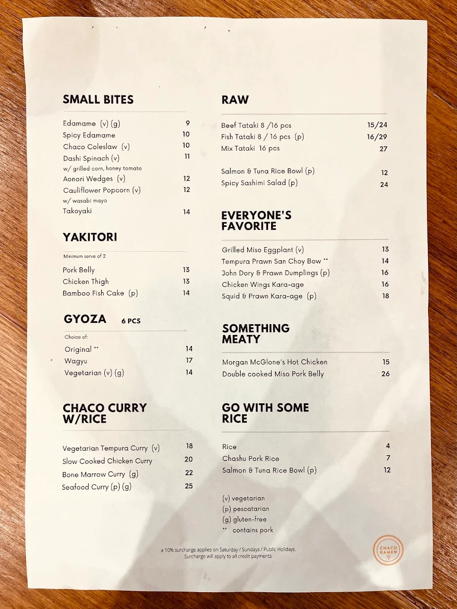 Menu, Chaco Ramen Bondi