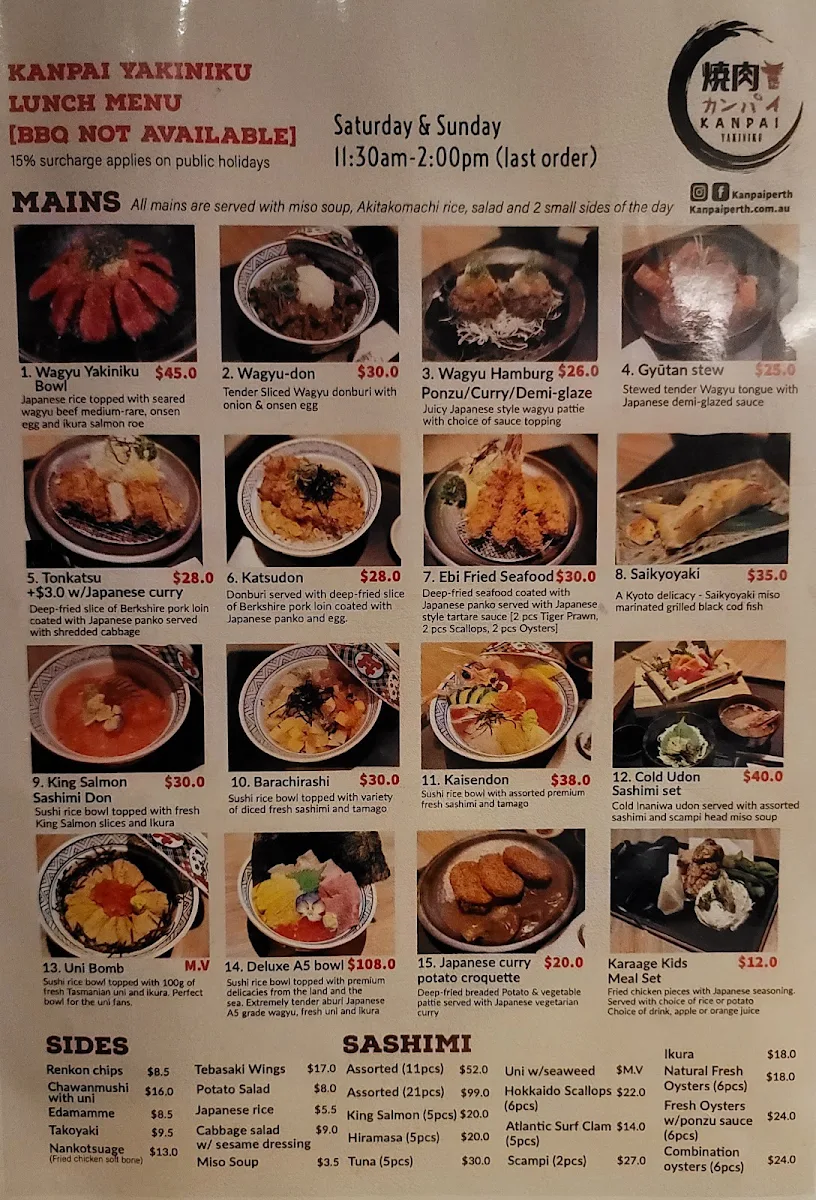 Menu, Kanpai Yakiniku