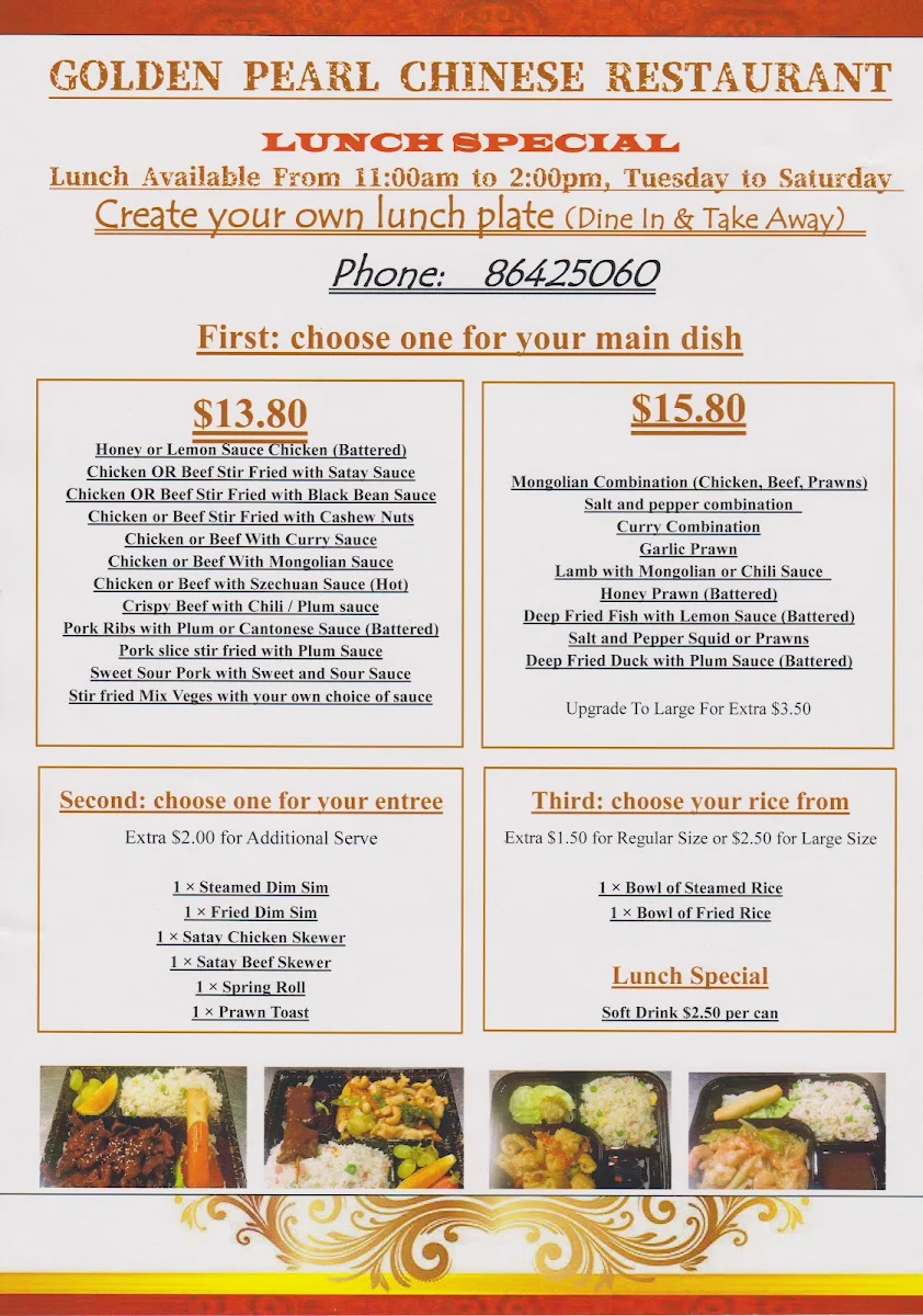 Menu, Golden Pearl Chinese Restaurant and Takeaway