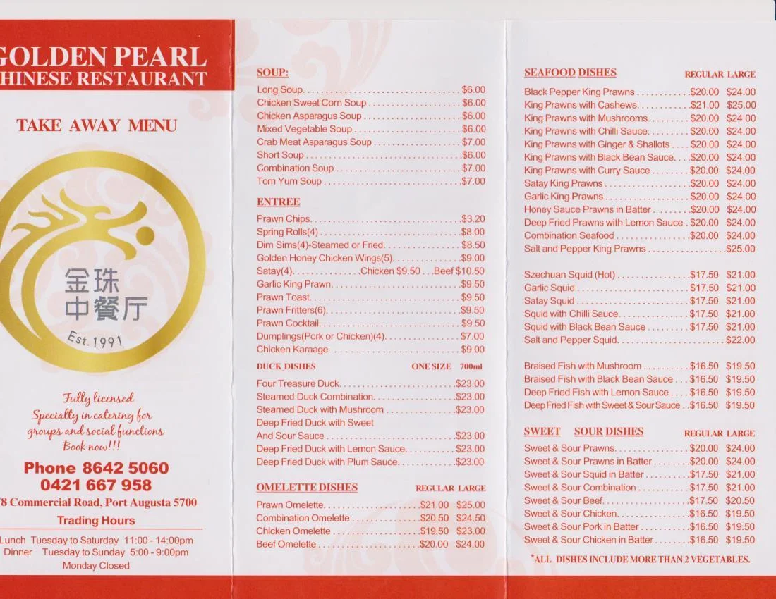 Menu, Golden Pearl Chinese Restaurant and Takeaway