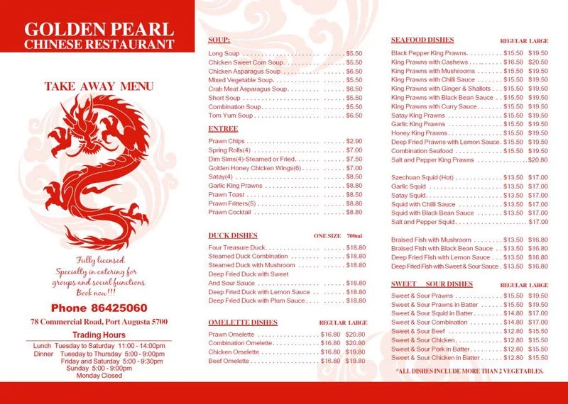 Menu, Golden Pearl Chinese Restaurant and Takeaway
