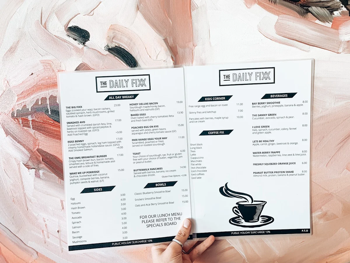 Menu, Daily Fixx Cafe Glenelg