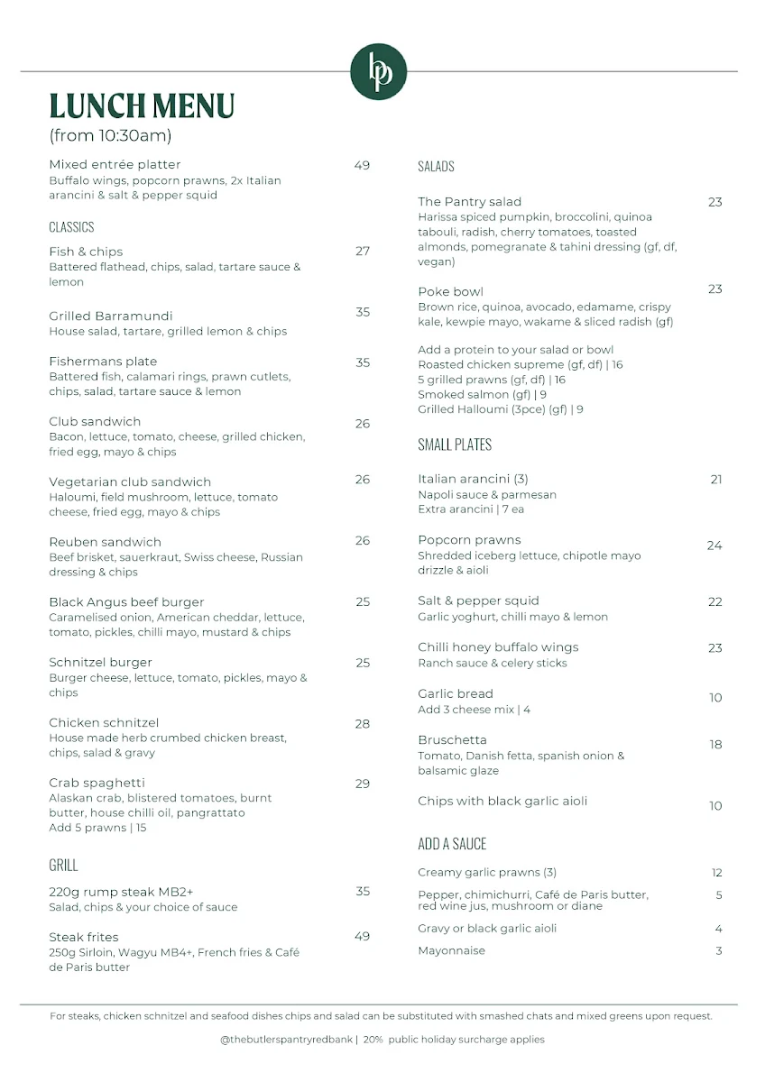 Menu, The Butler's Pantry Cafe
