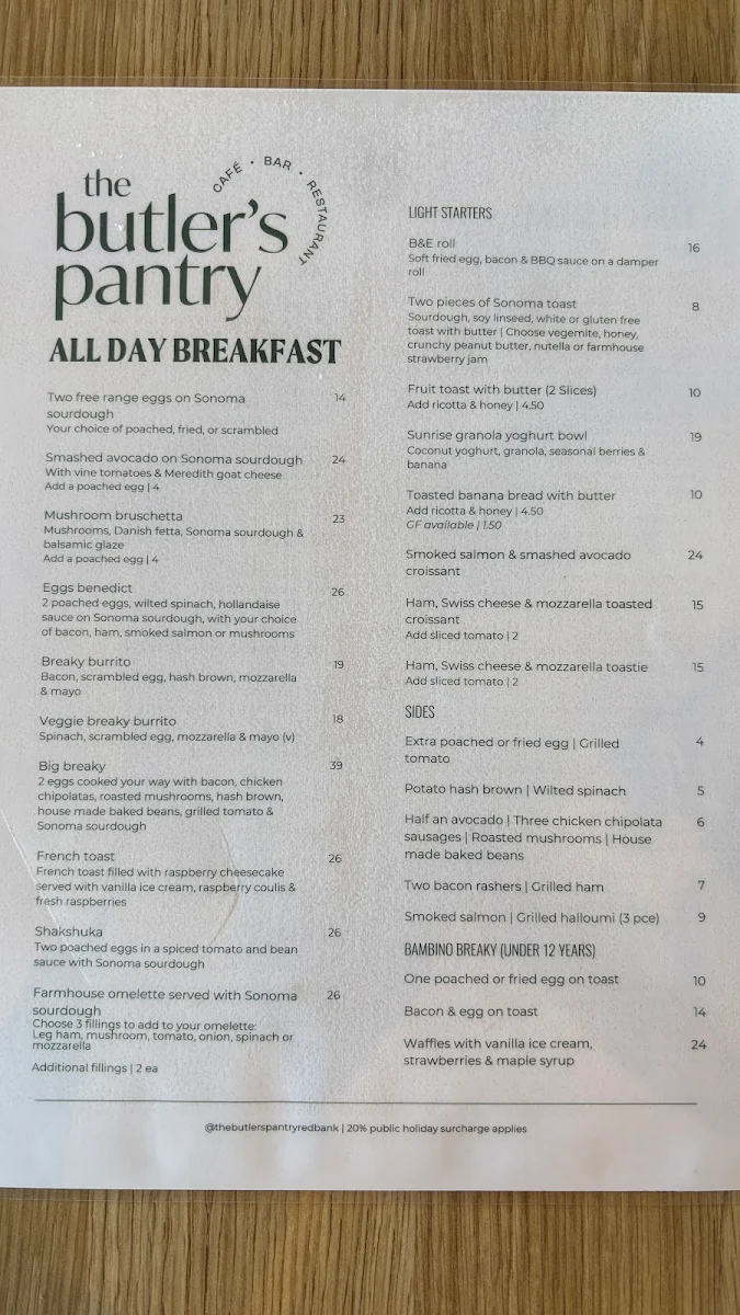 Menu, The Butler's Pantry Cafe