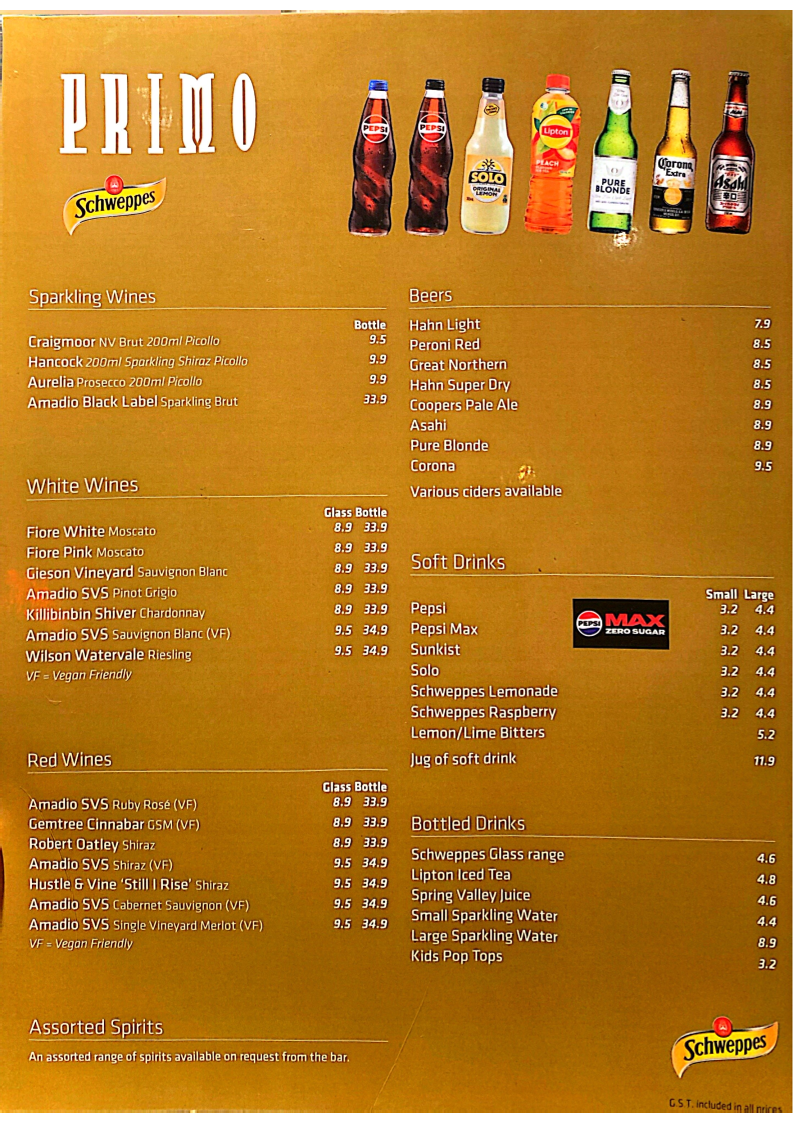 Menu, Caffe Primo Munnopara