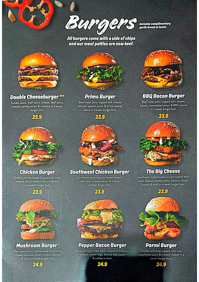 Menu, Caffe Primo Munnopara