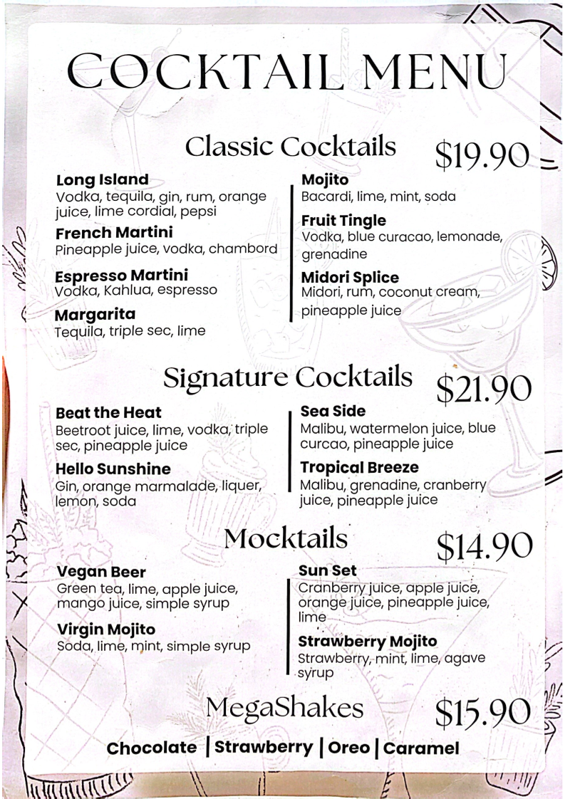 Menu, Caffe Primo Munnopara