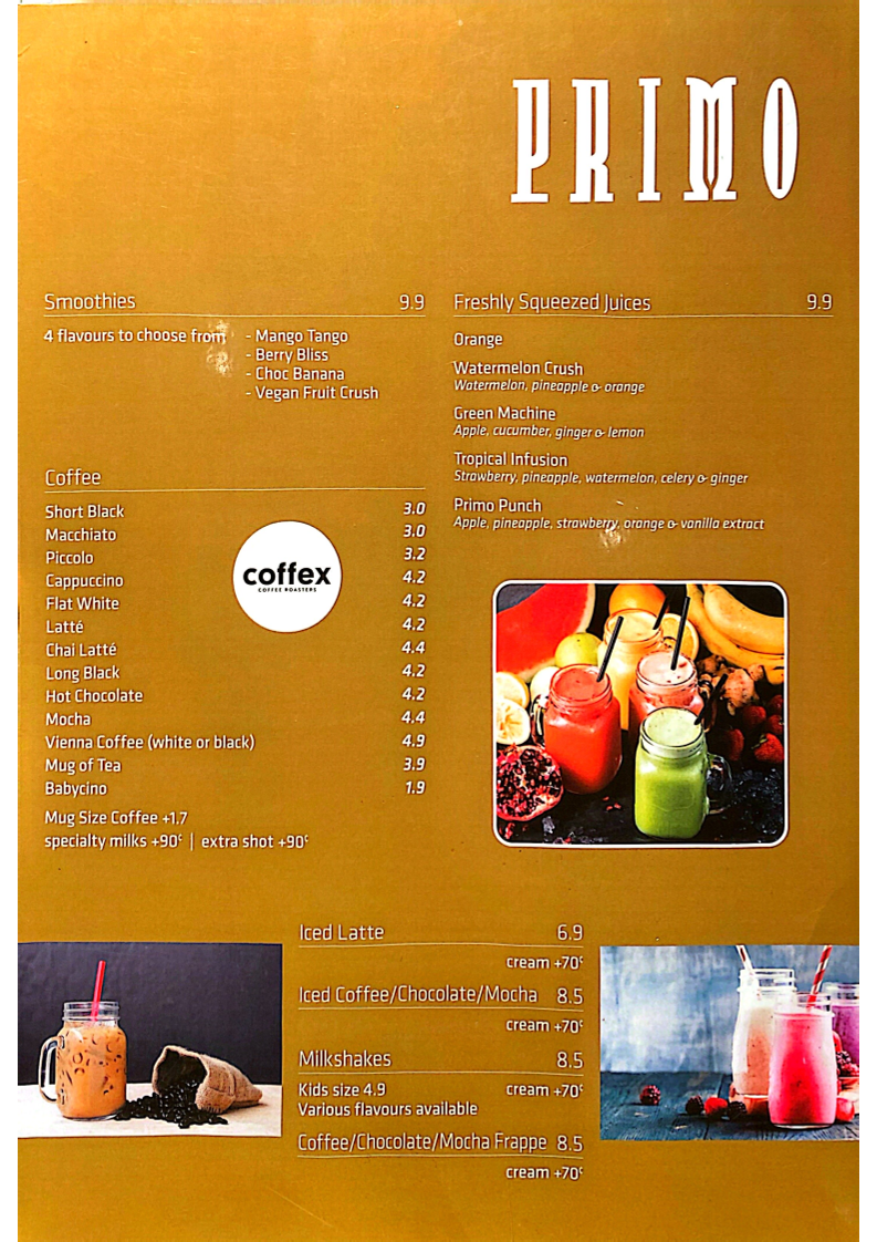 Menu, Caffe Primo Munnopara