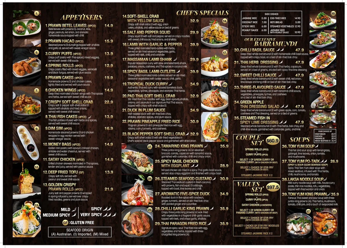 Menu, Thai Paragon Bankstown