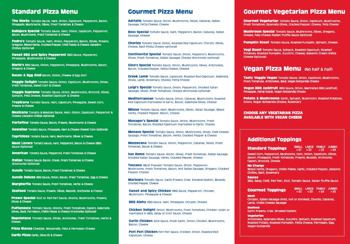 Menu, Ballajura Pizza