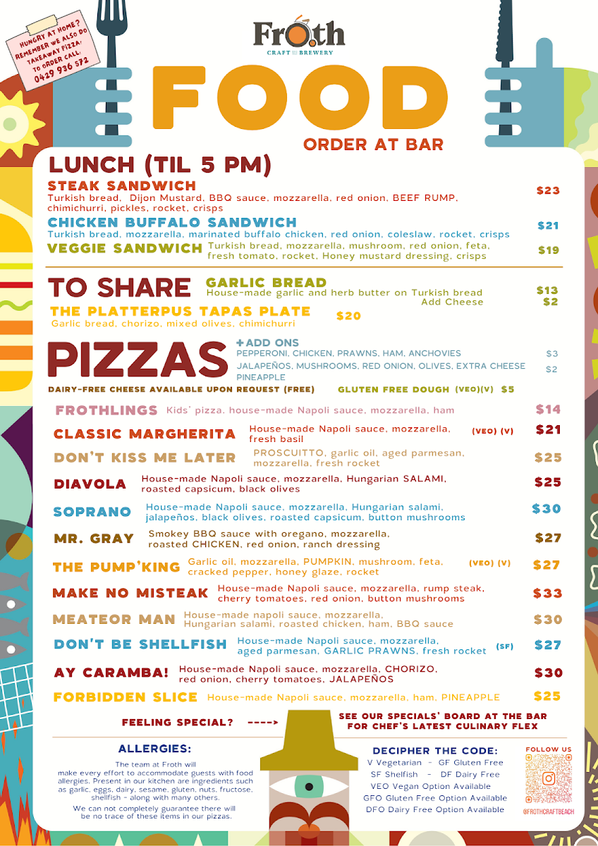 Menu, Froth Craft Beach