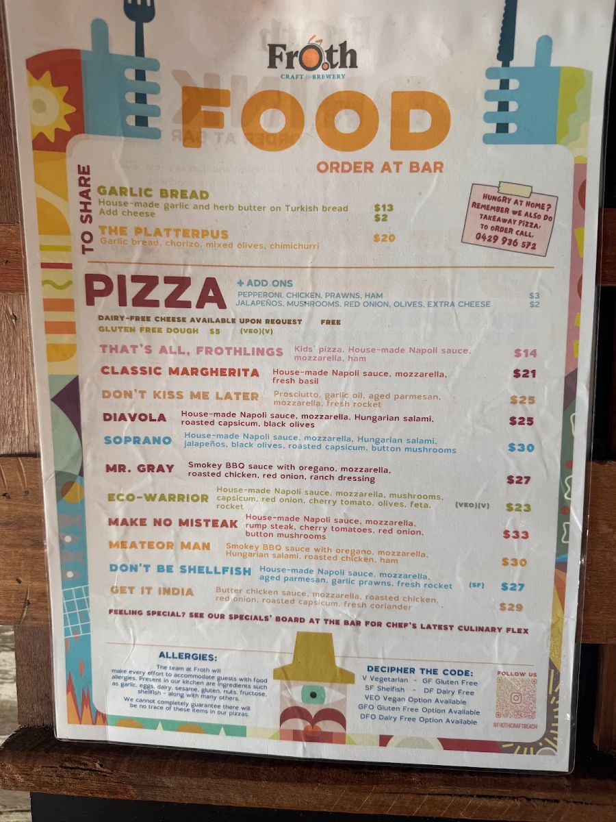 Menu, Froth Craft Beach