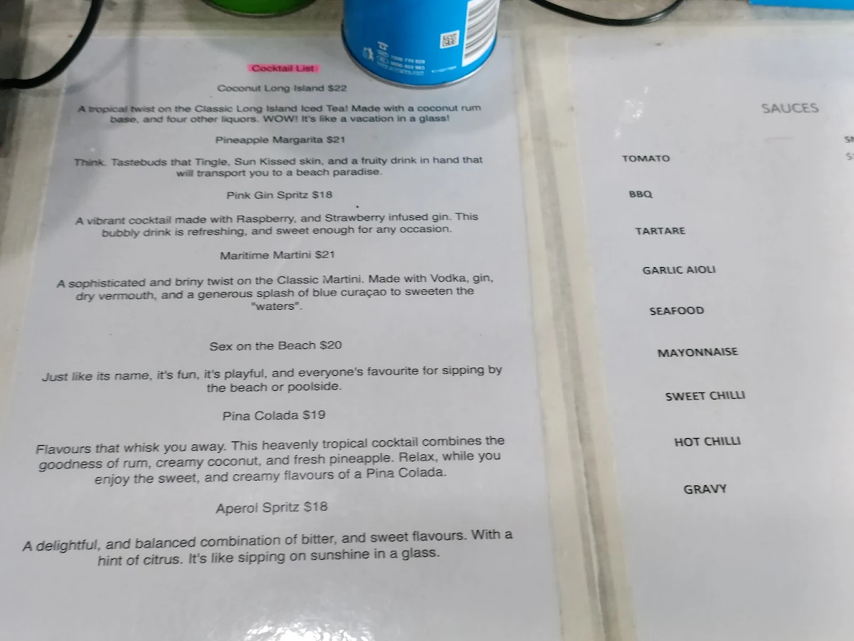 Menu, Mariners Cove Fish & Chips