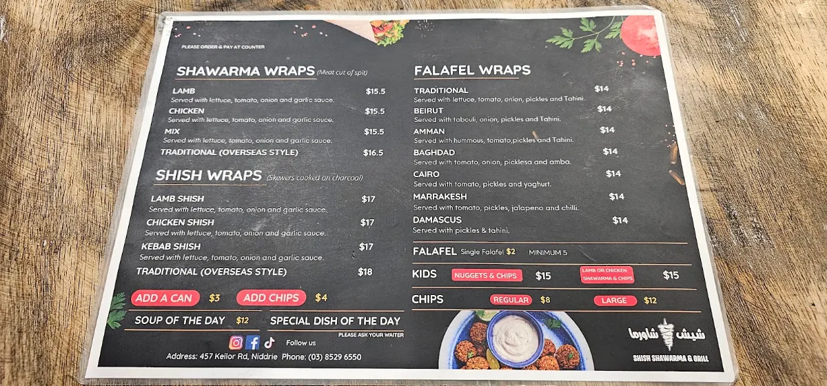Menu, Shish Shawarma & Grill Niddrie