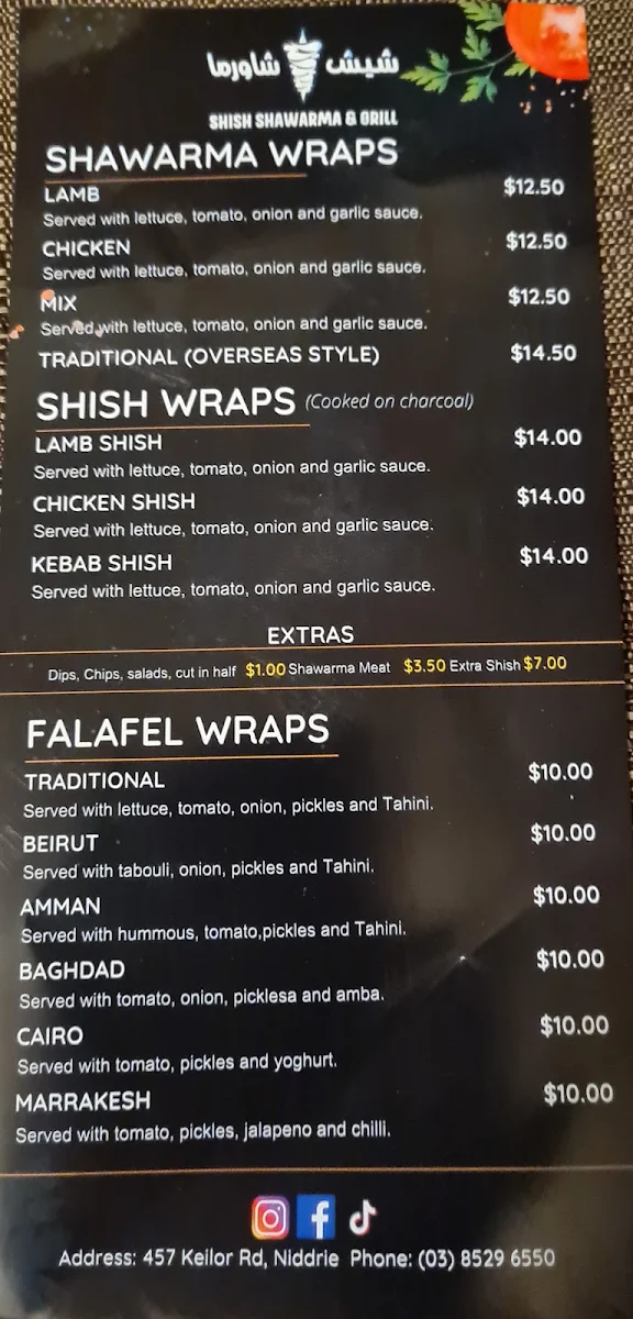 Menu, Shish Shawarma & Grill Niddrie