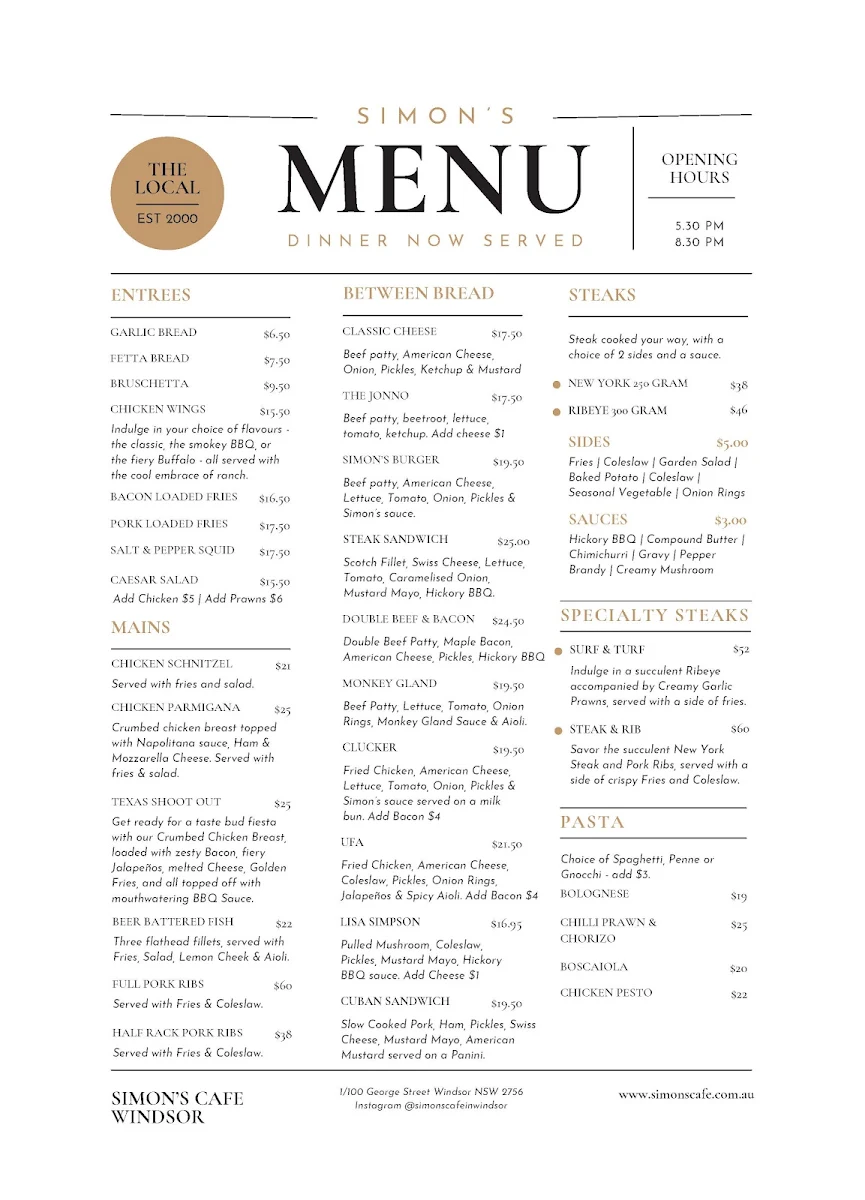 Menu, Simon's Cafe - Best cafe in Windsor
