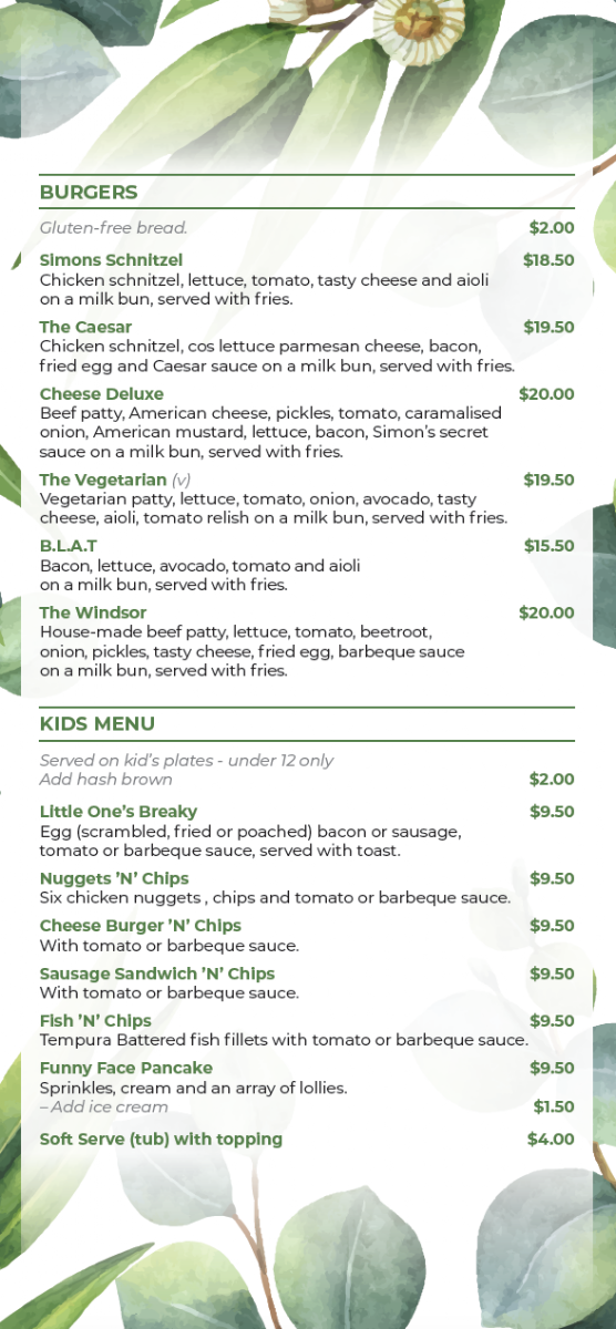 Menu, Simon's Cafe - Best cafe in Windsor