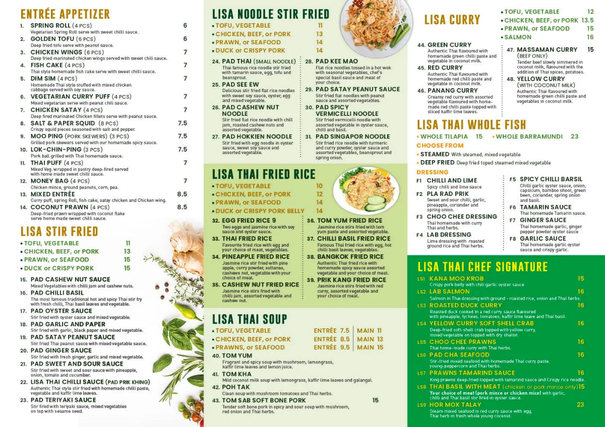 Menu, Lisa Thai Restaurant