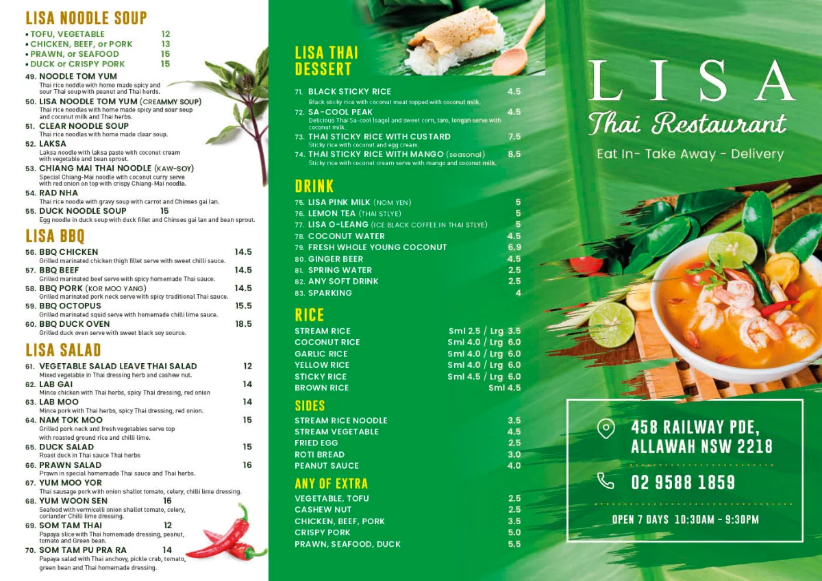 Menu, Lisa Thai Restaurant