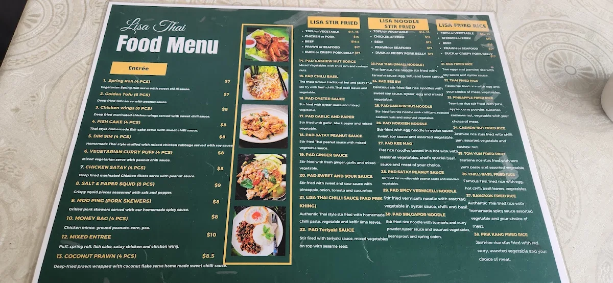 Menu, Lisa Thai Restaurant