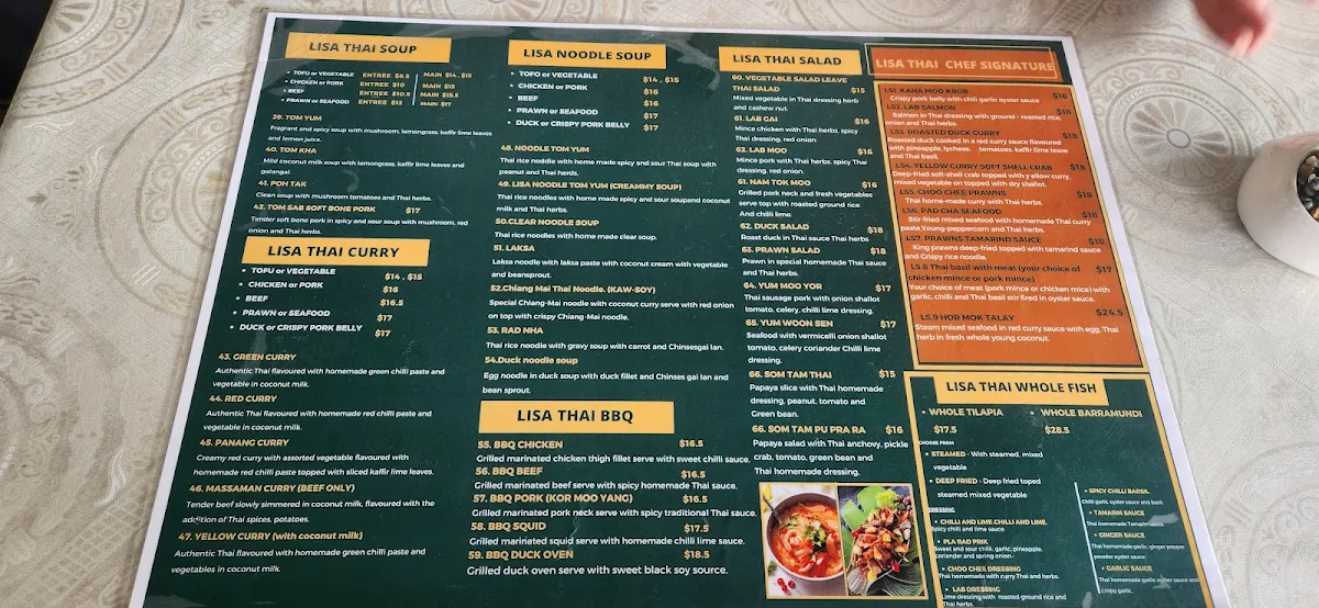 Menu, Lisa Thai Restaurant