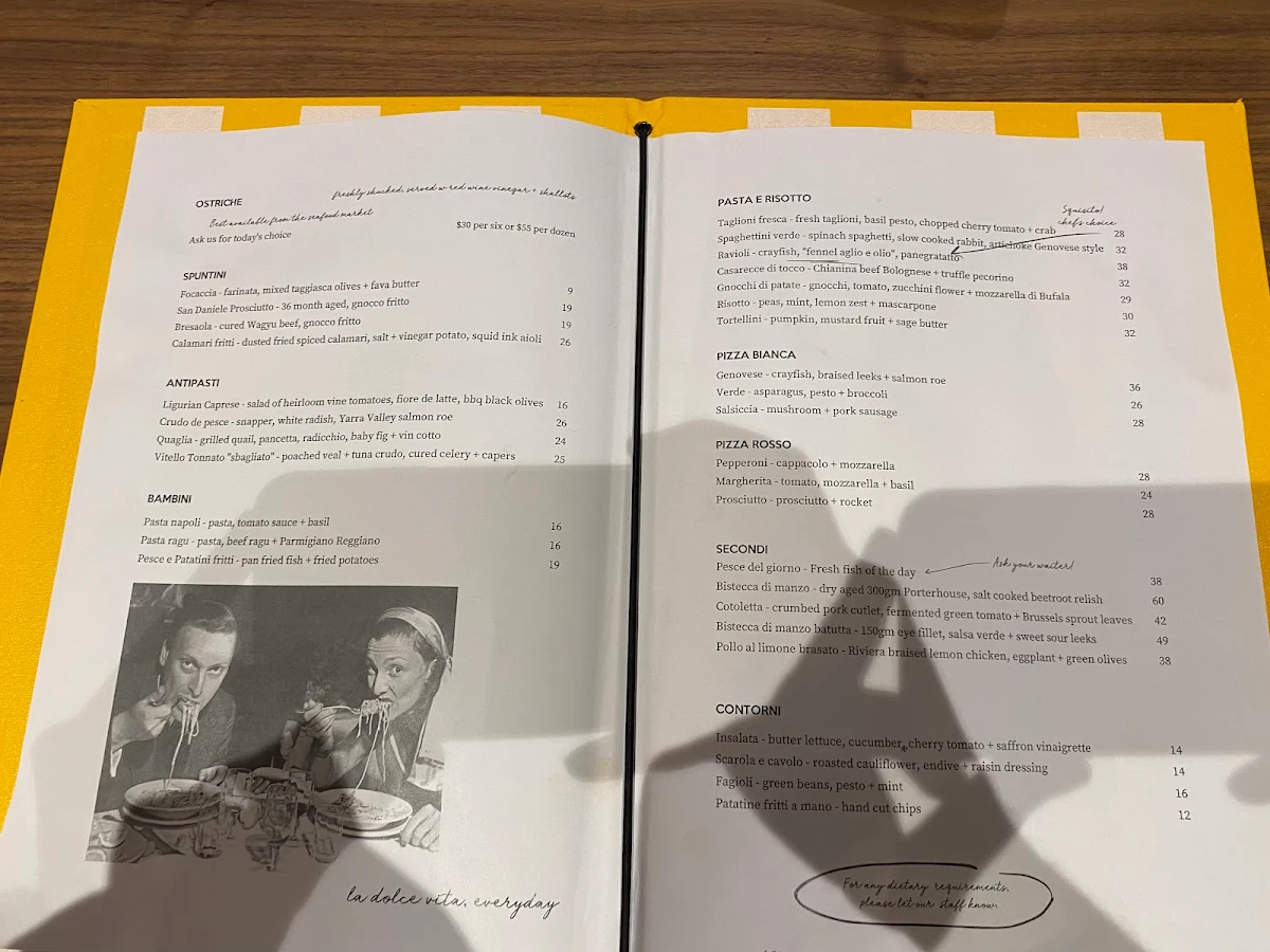 Menu, Cinque Terre Chadstone