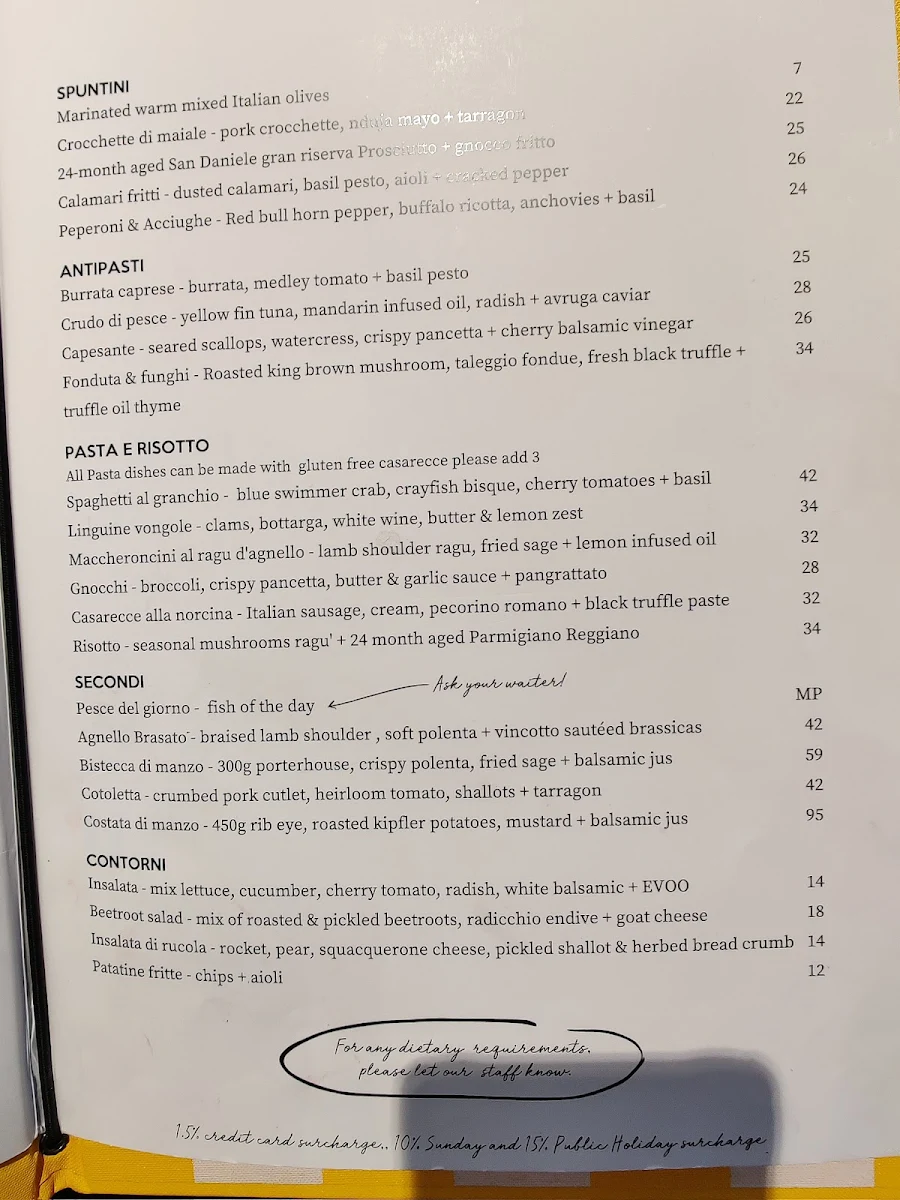 Menu, Cinque Terre Chadstone