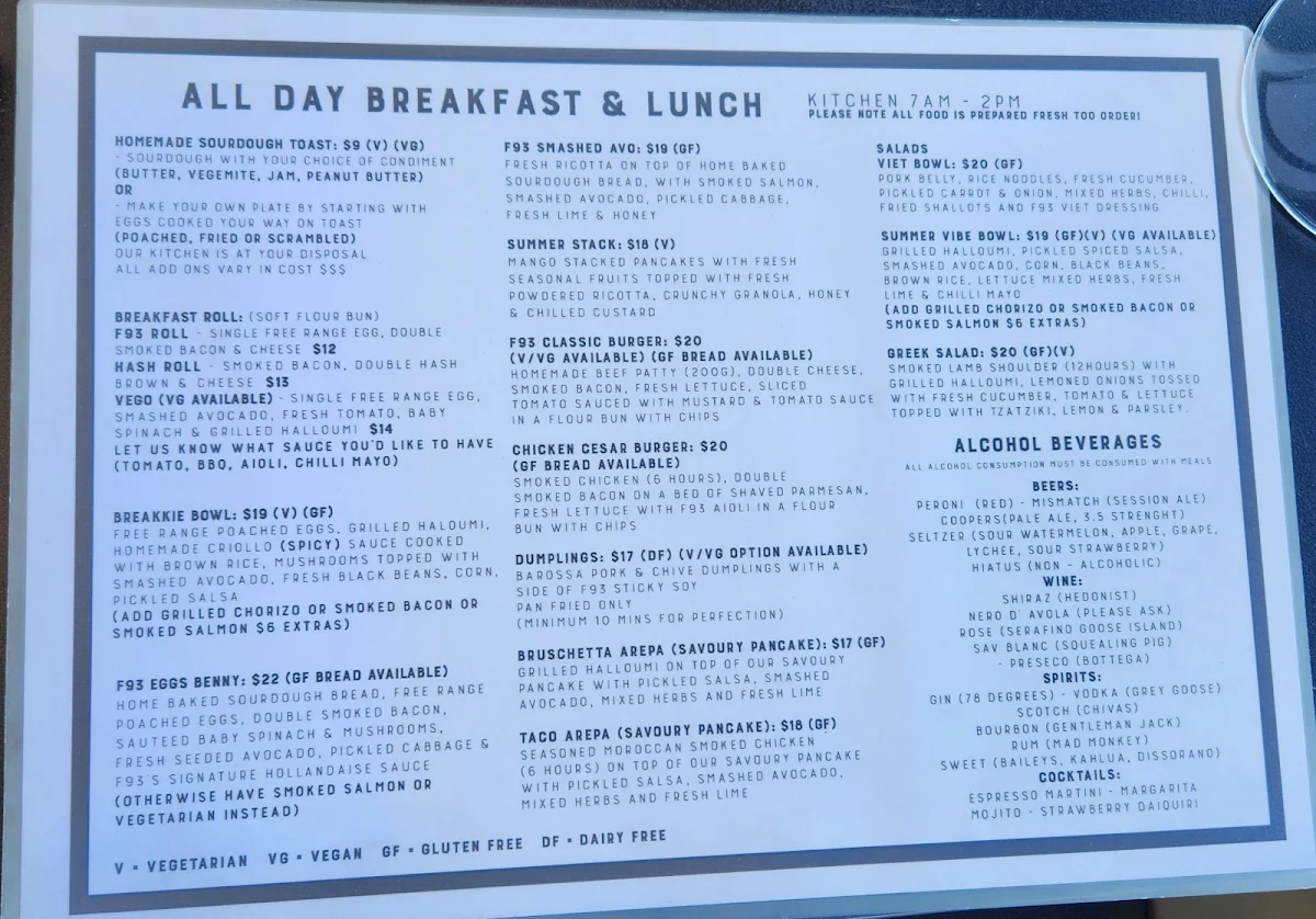 Menu, F93 Cafe
