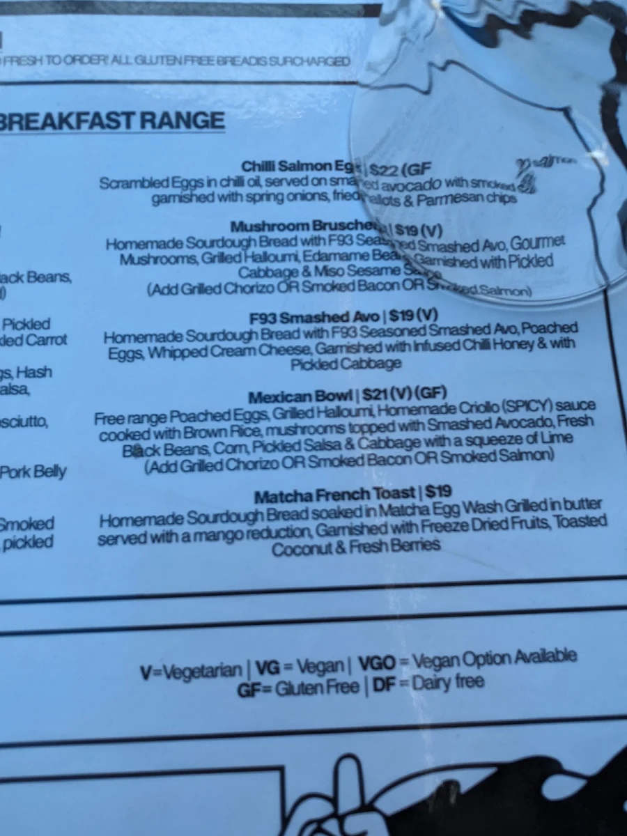 Menu, F93 Cafe
