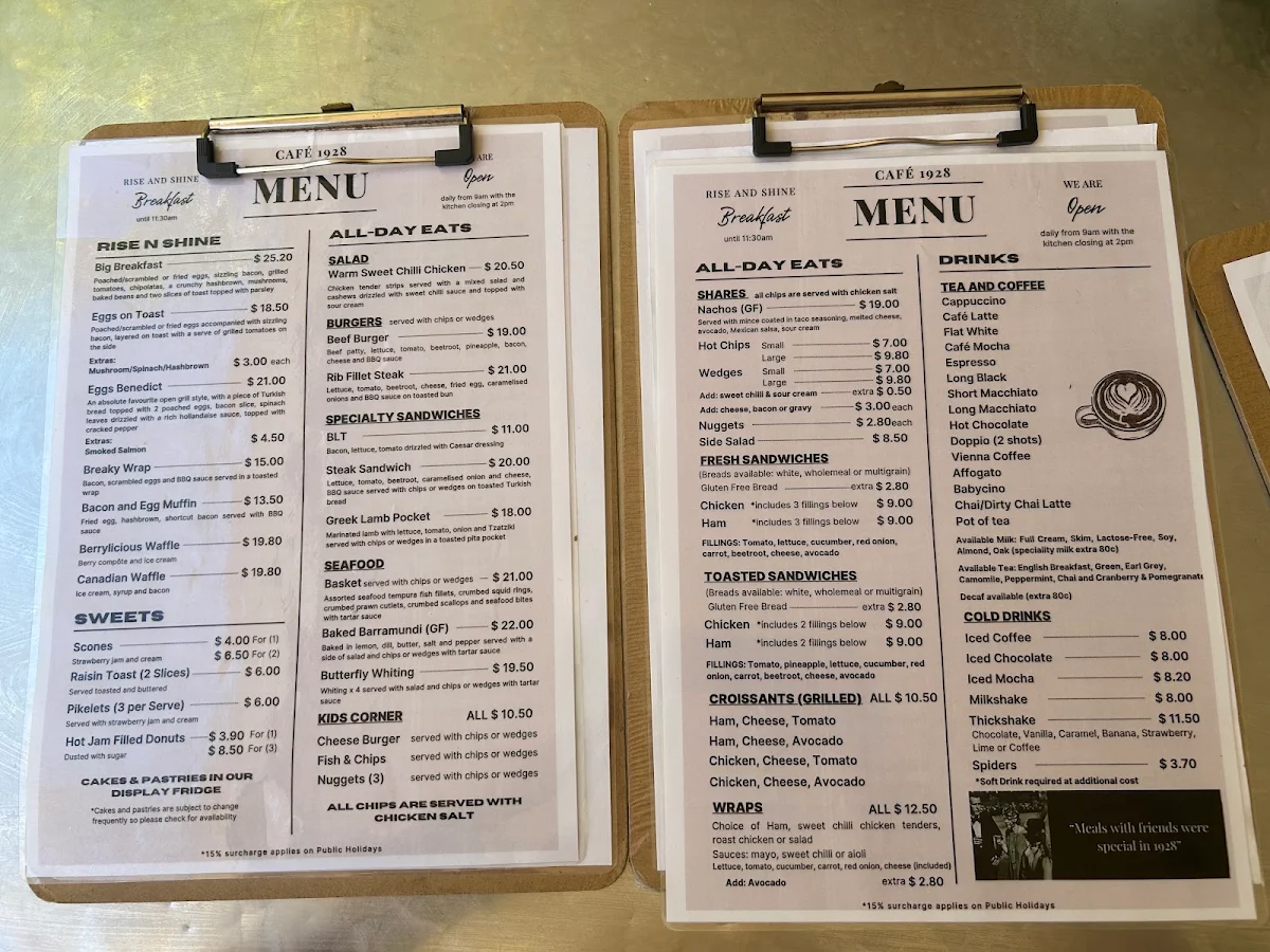 Menu, Cafe 1928