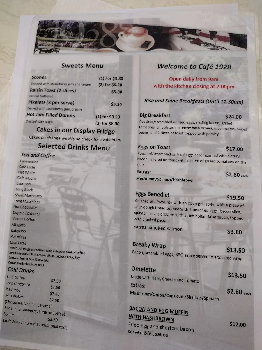 Menu, Cafe 1928