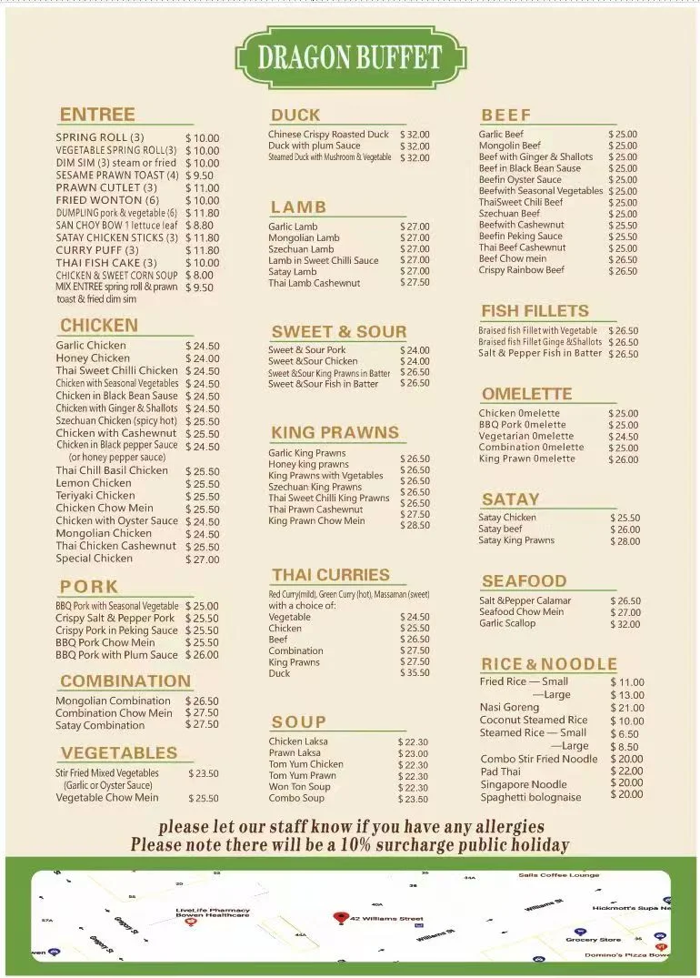 Menu, Dragon buffet & Bowen Noodle Bar