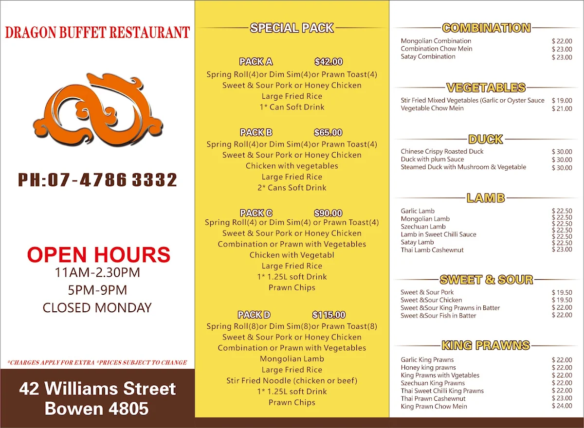 Menu, Dragon buffet & Bowen Noodle Bar